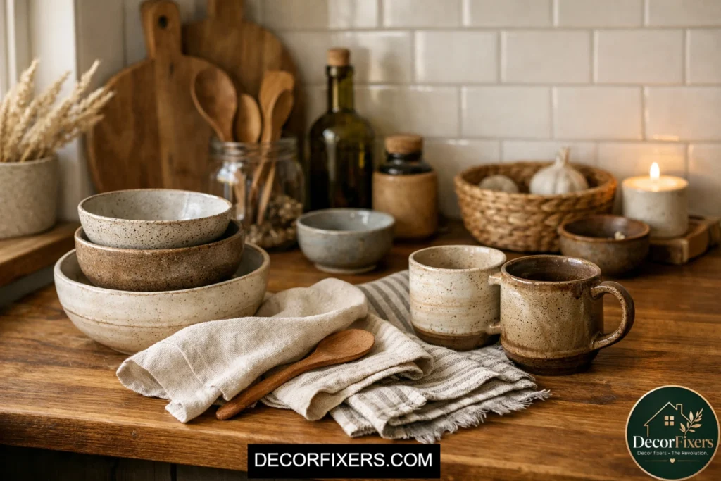 Handmade ceramics in cozy Scandinavian kitchen