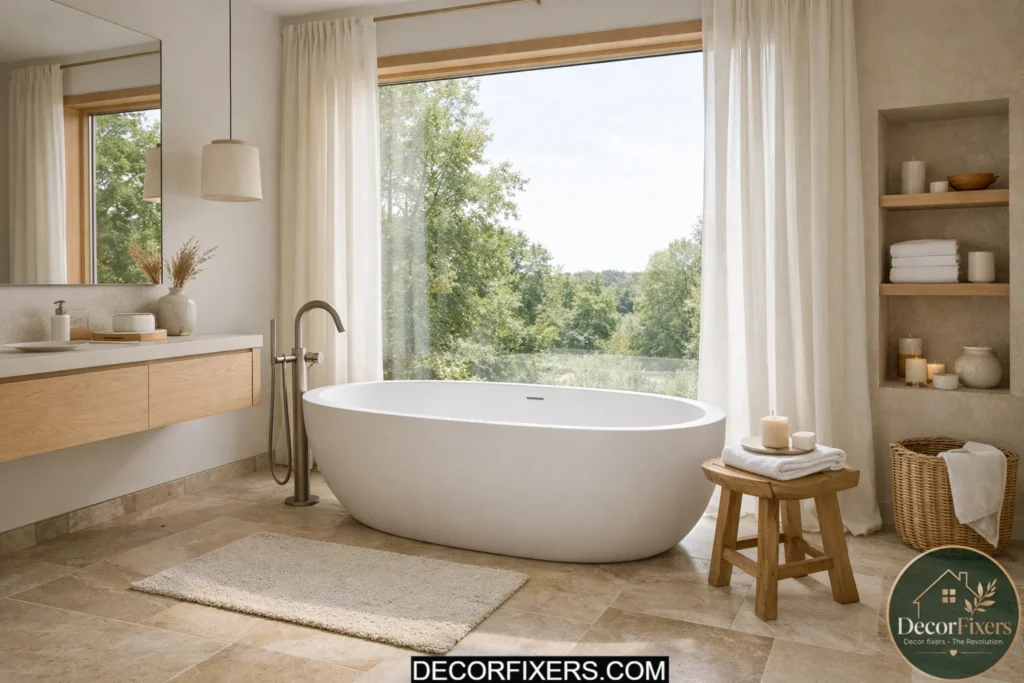 Scandinavian bathroom with handmade ceramic tile accent wall in sage tones.