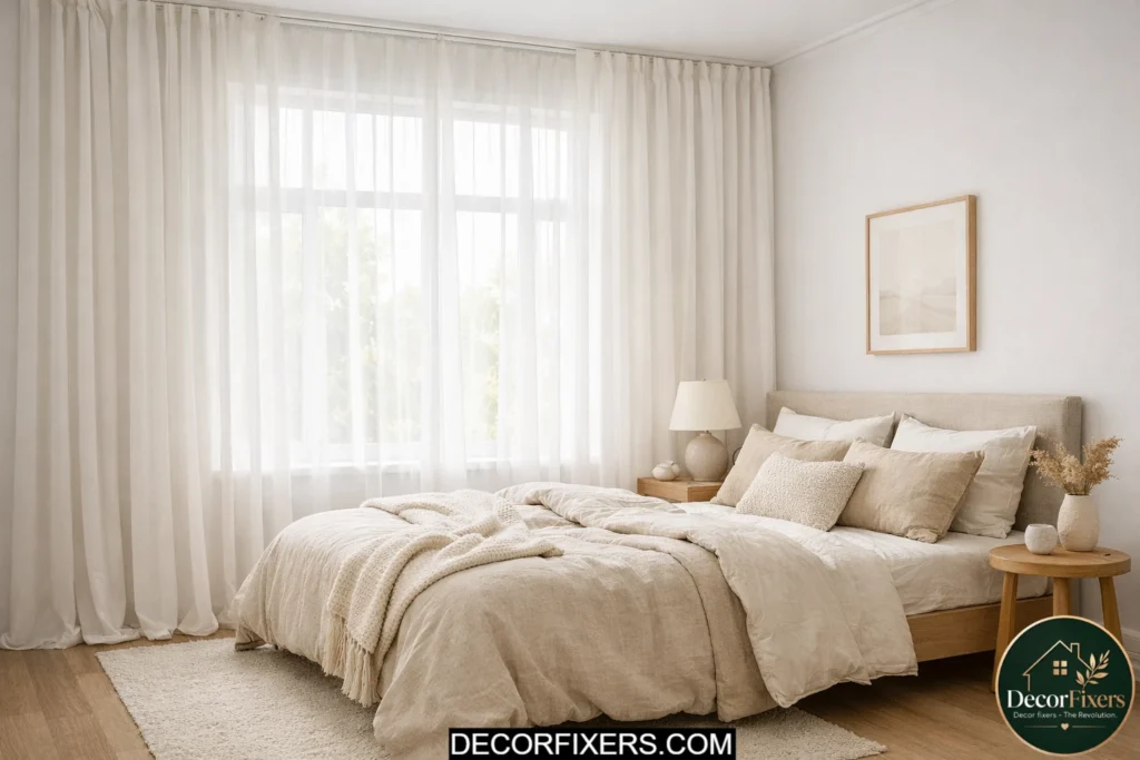 Curtains hung high and wide to make a small bedroom feel larger