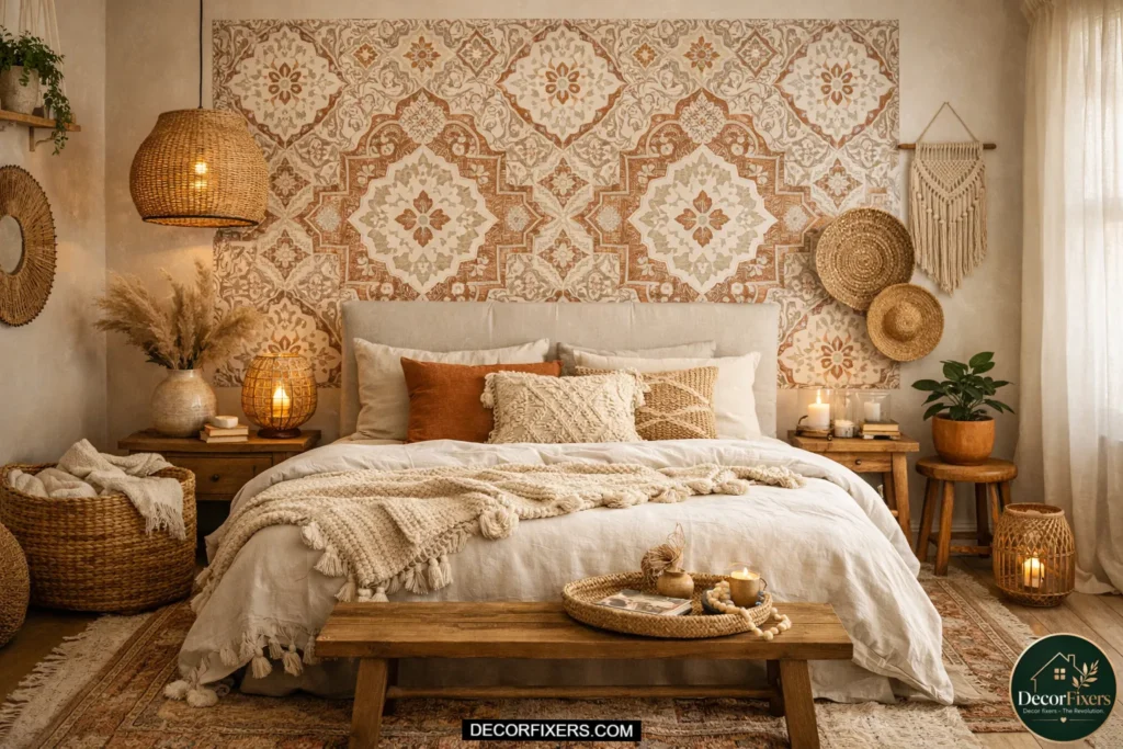 Bohemian bedroom styled with antique brass lamp, gold-framed mirror, bronze candle holders, earthy bedding, and warm layered lighting.