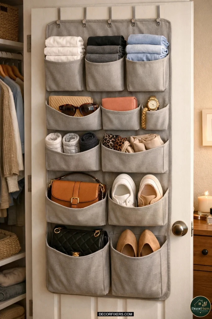 Interior of a closet door with a hanging multi-pocket organizer filled with folded shirts, shoes, socks, handbags, and accessories in a renter-friendly bedroom