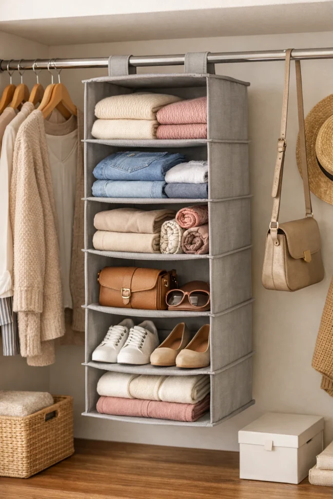 Hanging closet shelf organizer storing clothes and accessories vertically