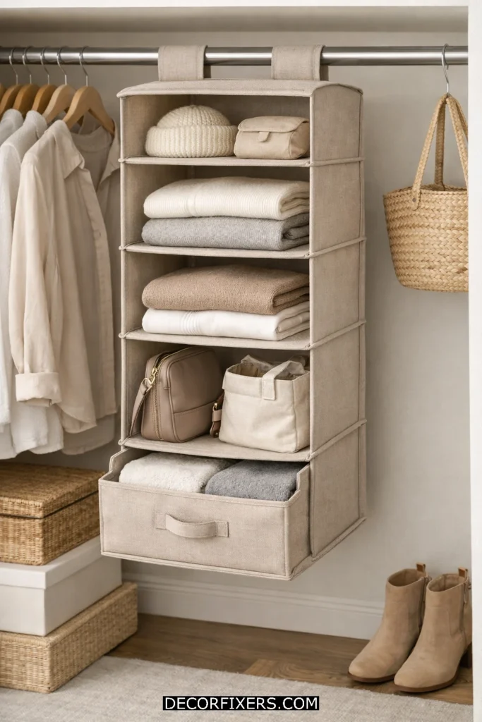 Hanging fabric shelf organizer with drawer pocket.