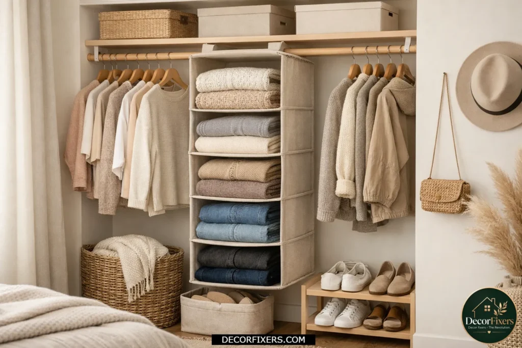 Hanging fabric shelf organizer creates extra closet shelves.