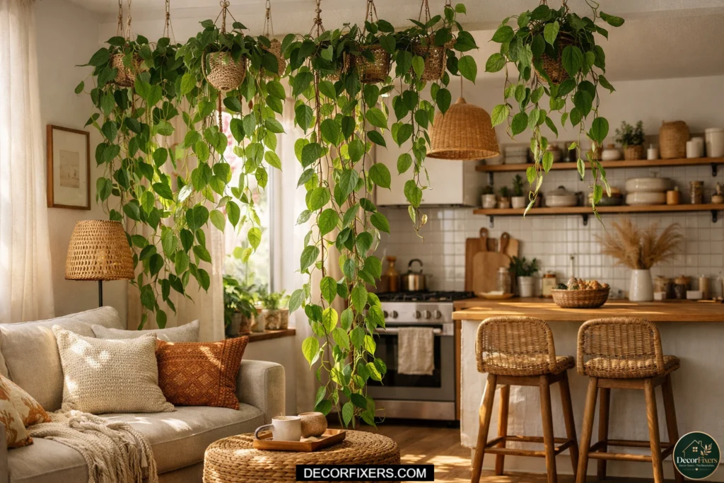 Hanging plants separating a tiny open-plan kitchen and lounge