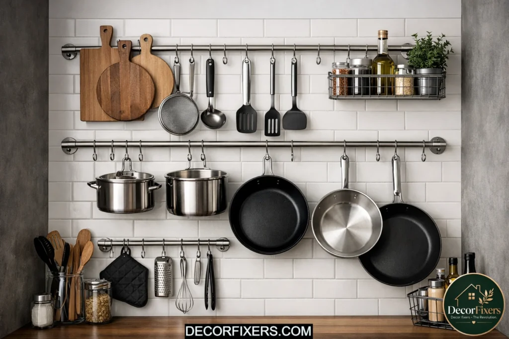 Hanging pots and pans on a wall rail to save cabinet space in a kitchen