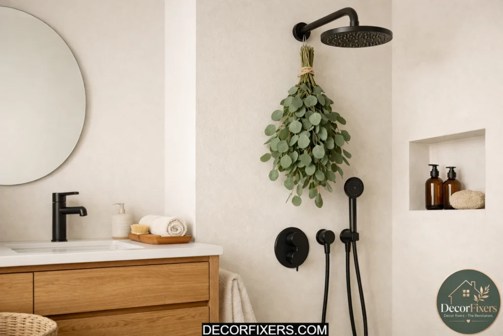 Scandinavian bathroom with warm heated stone flooring and minimalist design.