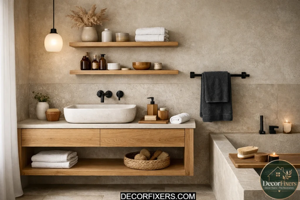 Scandinavian bathroom with matte black heated towel rail and linen towels.