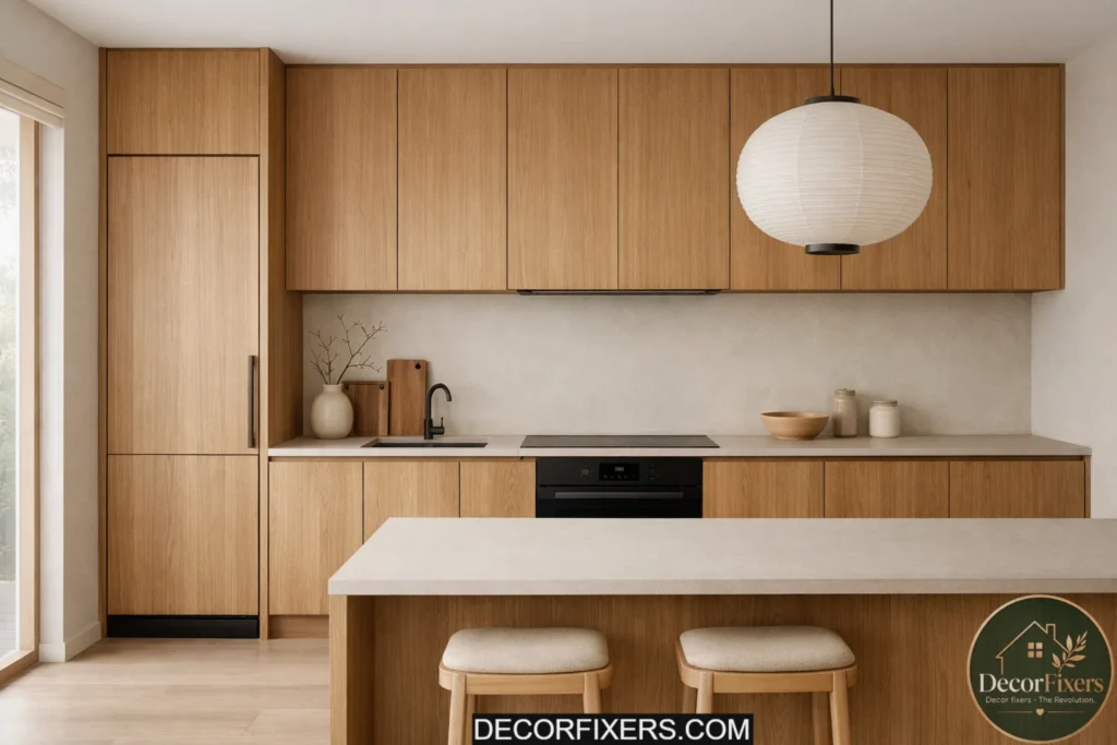Japandi kitchen styled with a single statement plant and natural textures.