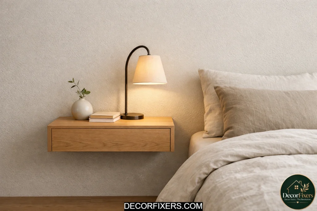 Minimal Japandi bedside area with hidden cords and clean styling