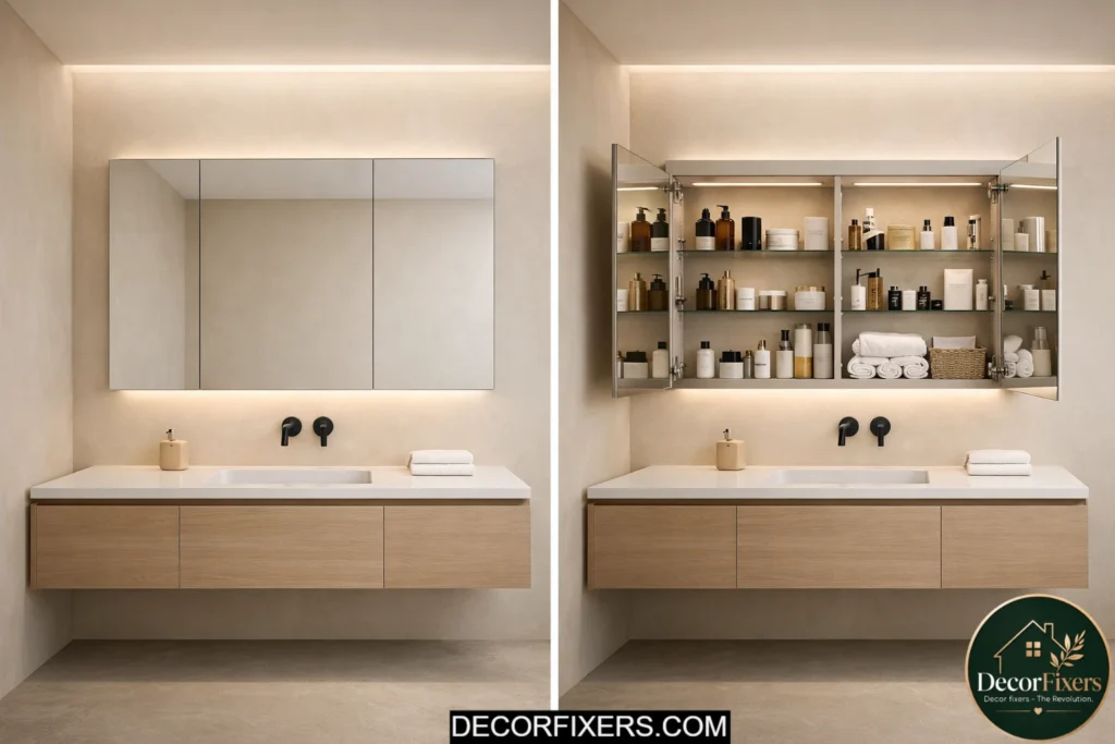 Frameless mirror concealing recessed storage in a clean minimalist bathroom