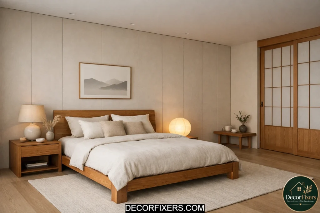 Integrated hidden storage in a minimalist Japandi bedroom
