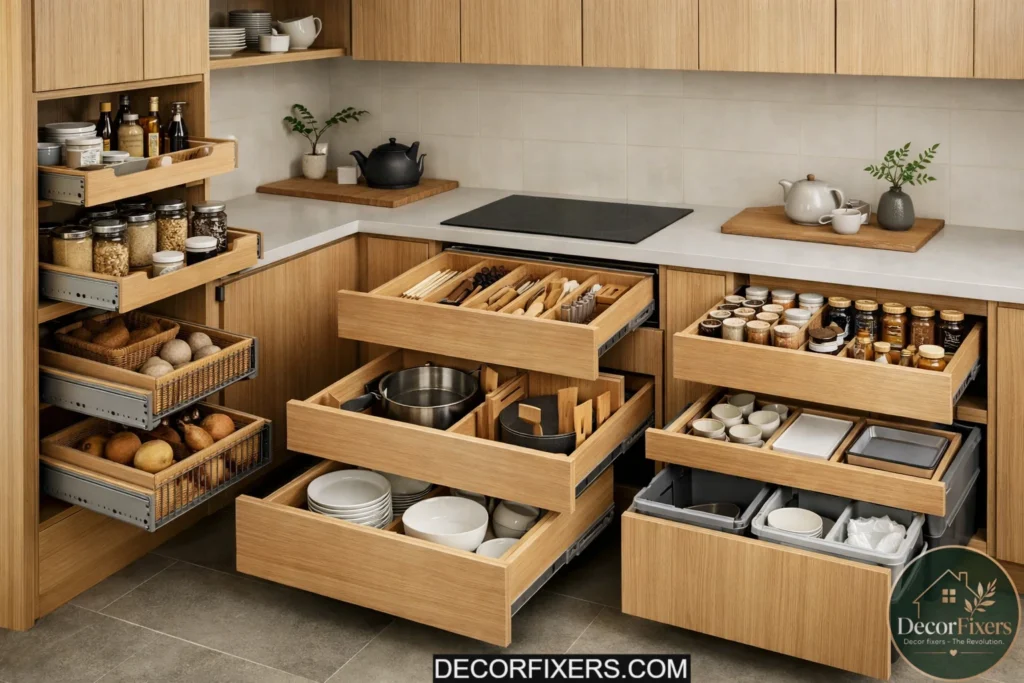 Japandi kitchen with organized hidden drawer storage and oak cabinetry.