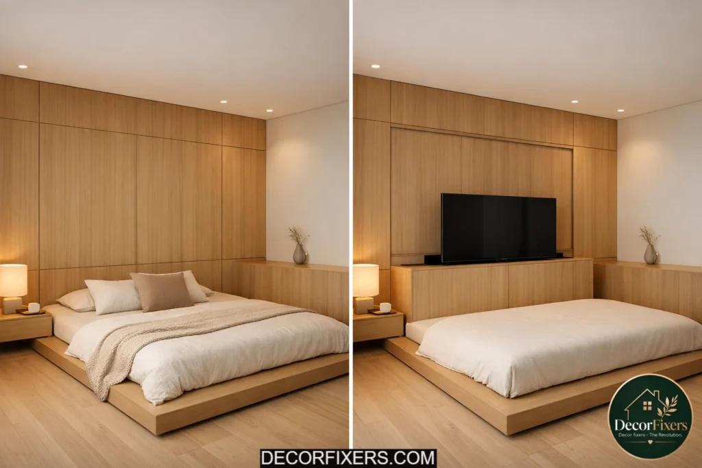 Minimalist bedroom with concealed television storage and warm modern styling