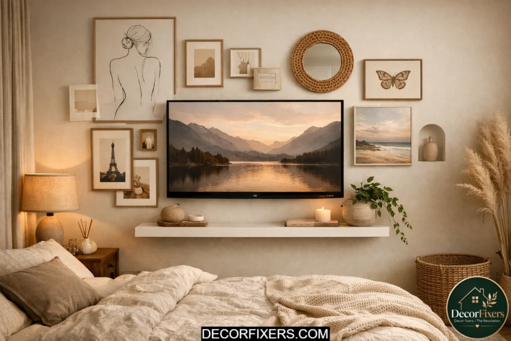 Wall-mounted TV blended into stylish bedroom wall decor and shelving
