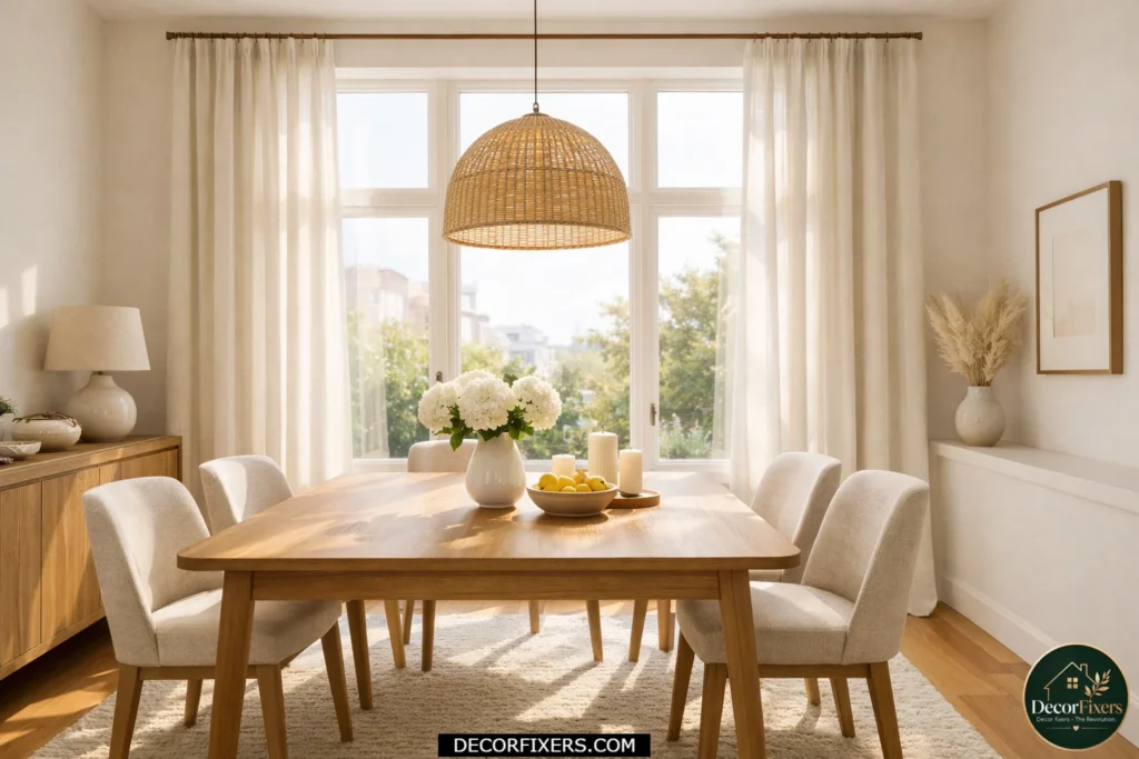 Small dining room with high-mounted linen curtains creating the illusion of taller ceilings.