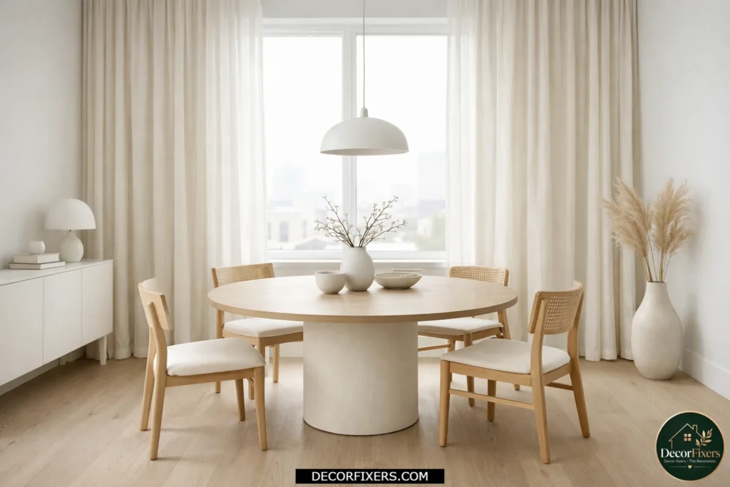 Tiny dining room with ceiling-height curtains making the space feel taller and larger.