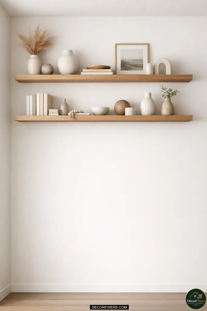 high floating shelves using vertical wall space in small living room