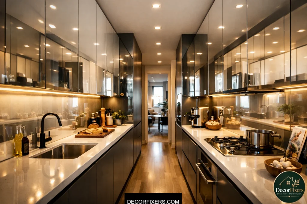 High-gloss cabinet fronts making a small galley kitchen feel larger
