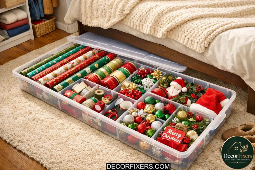 Underbed storage container for gift wrap and holiday decor