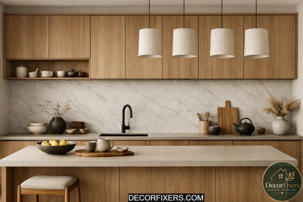 Japandi kitchen with a seamless honed marble backsplash and oak cabinetry.