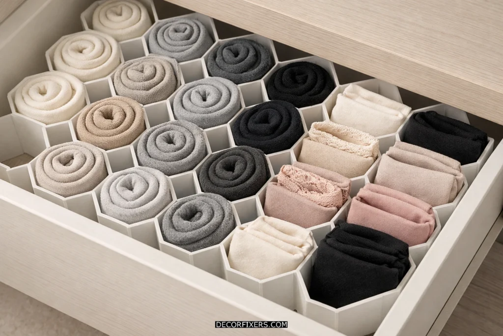 Honeycomb drawer insert organizing socks and underwear.