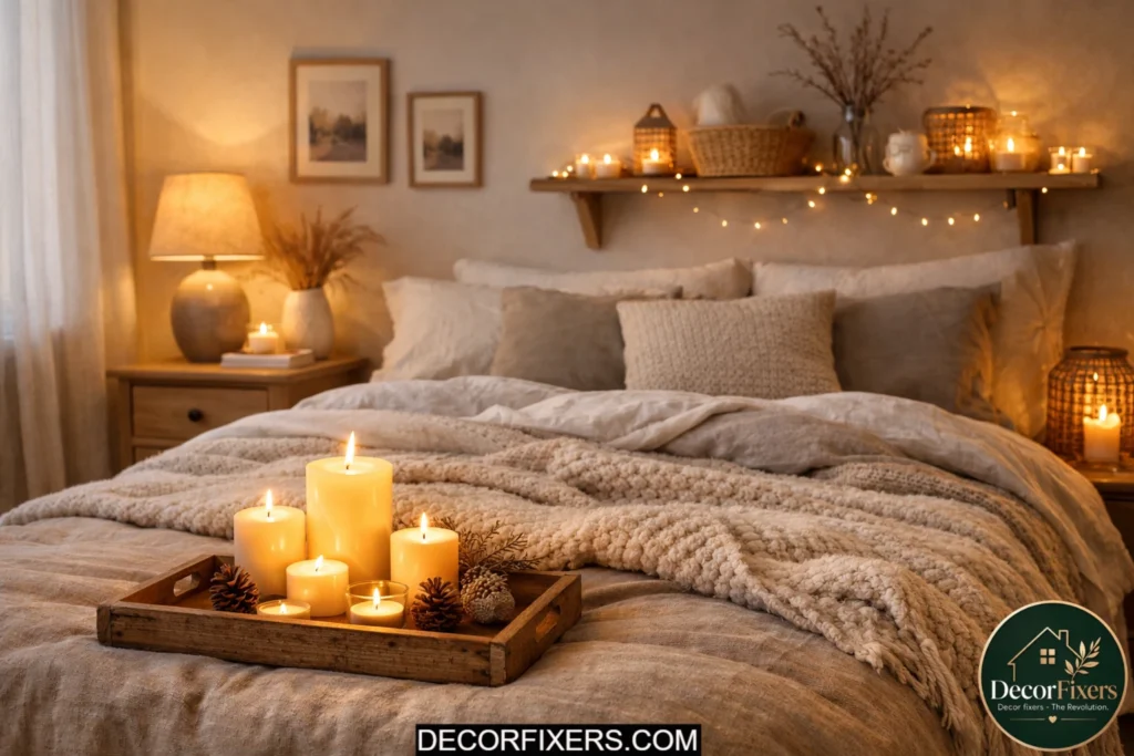 Scandinavian bedroom with cozy candlelight and warm Nordic styling.