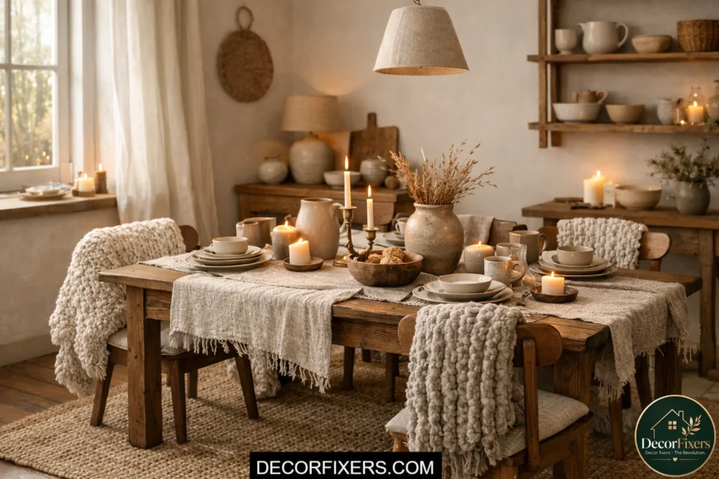 Cozy Scandinavian dining room with layered linen, wool, and jute textures creating hygge warmth