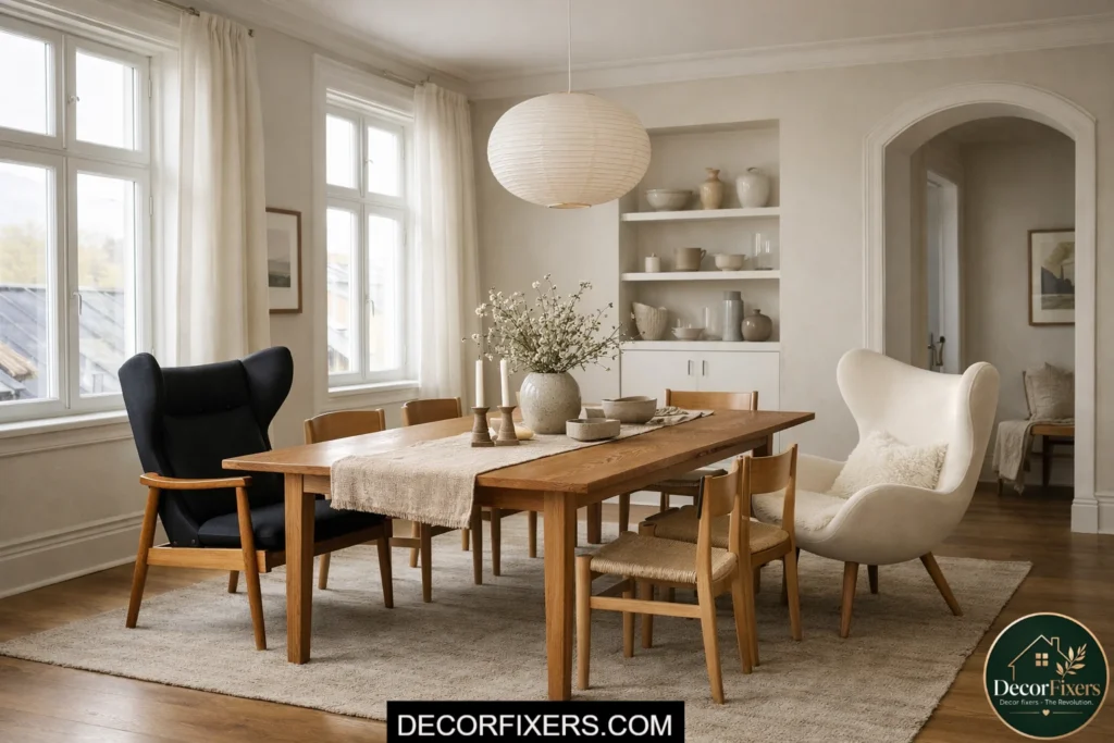 Scandinavian dining room featuring iconic Nordic designer chairs at the table heads