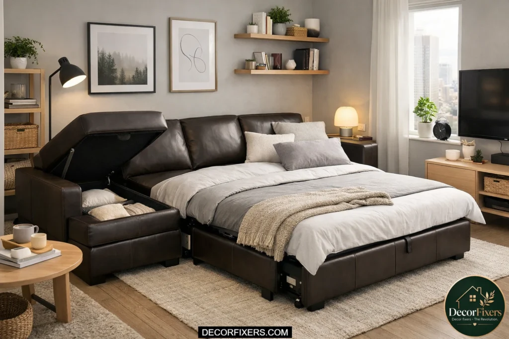Faux leather sectional sleeper with storage chaise in a Scandinavian apartment.
