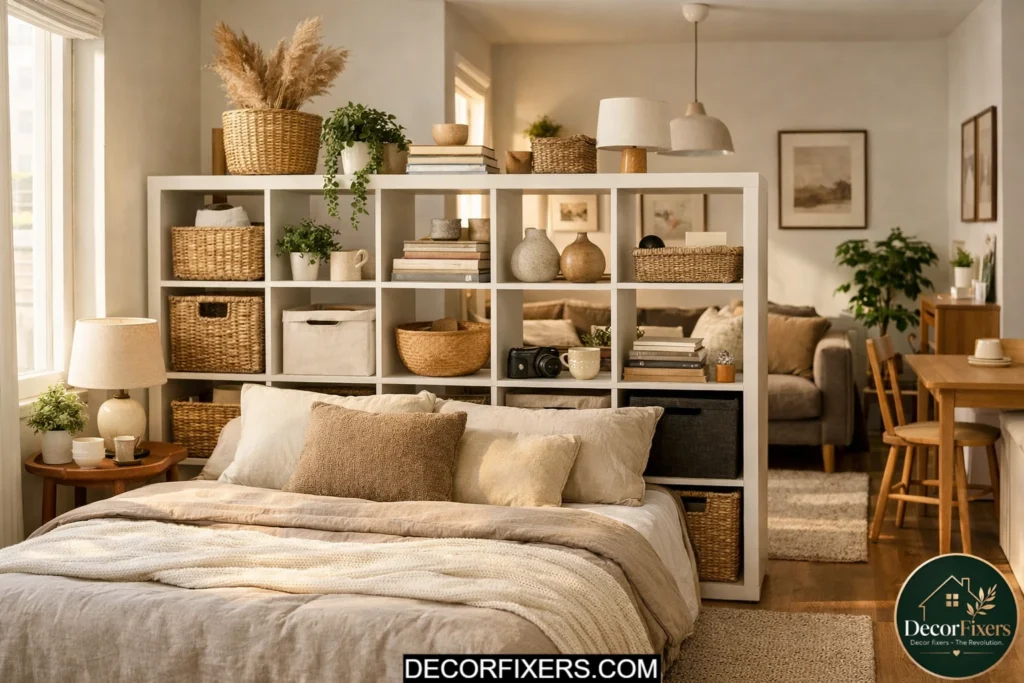 IKEA KALLAX shelf unit used as a stylish bedroom room divider