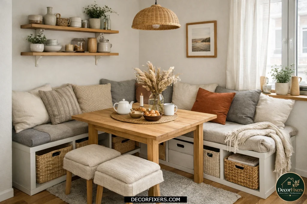 Small dining room featuring a DIY IKEA KALLAX bench with built-in storage.