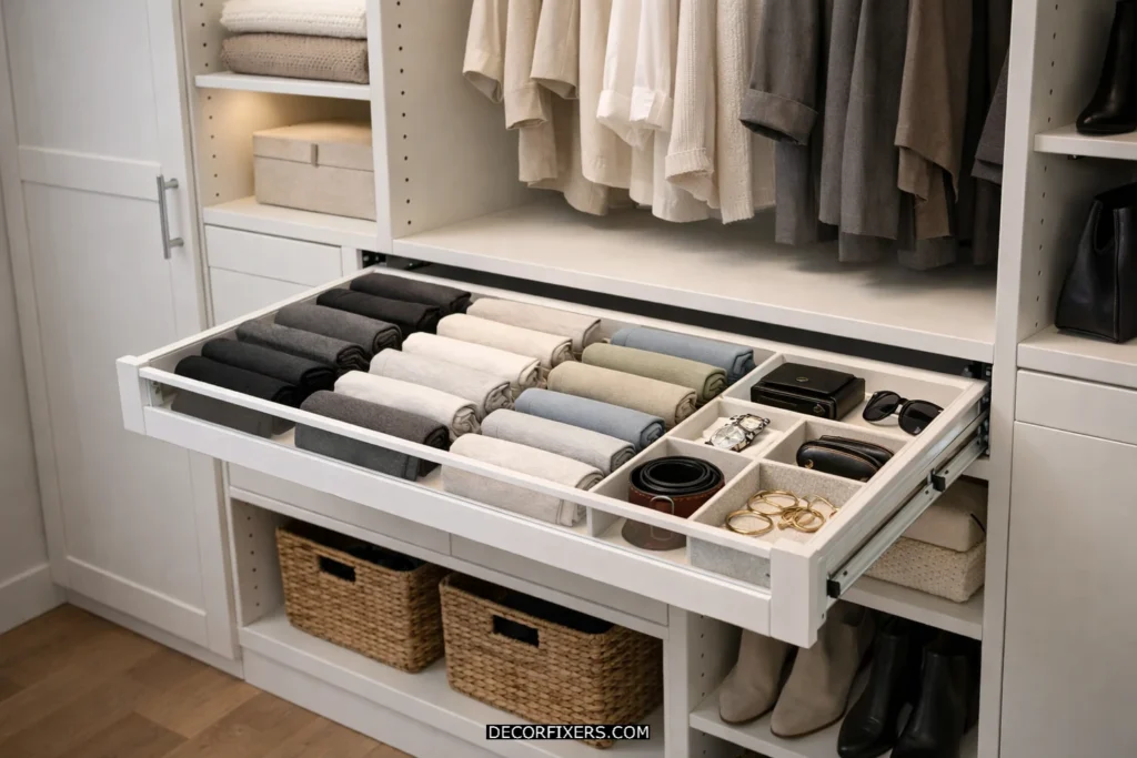 IKEA KOMPLEMENT pull-out drawer inside a PAX wardrobe.
