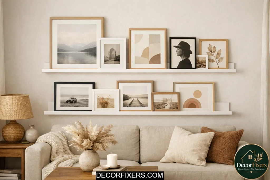 Floating picture ledge gallery wall in modern living room