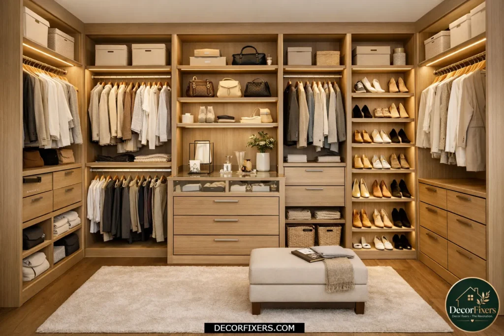 Elegant IKEA PAX inspired walk-in closet with modular organization.
