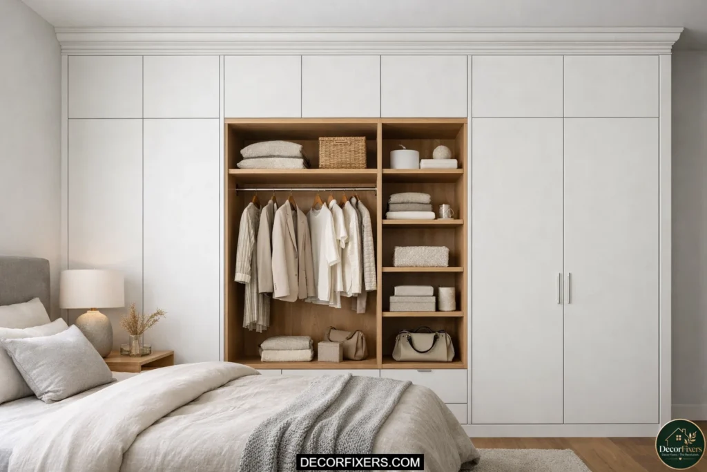 IKEA PAX wardrobe upgraded with custom built-in surround and ceiling trim.