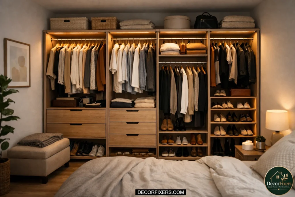 Freestanding wardrobe closet system featuring organized hanging clothes, drawers, shoe shelves, and warm interior lighting in a small modern apartment bedroom