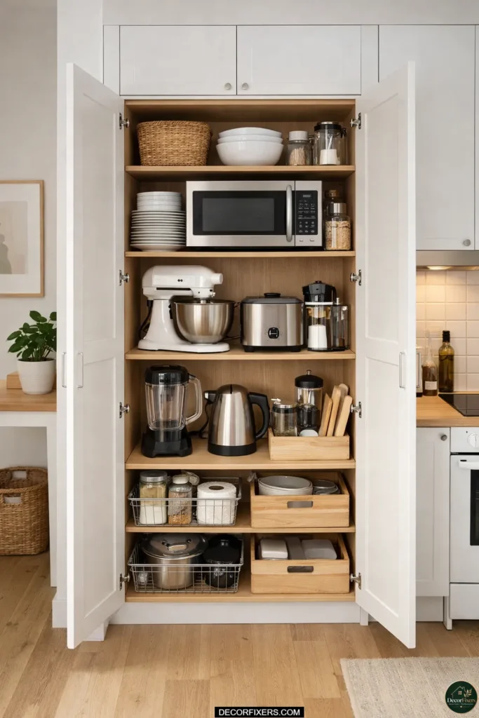 An IKEA SEKTION tall cabinet configured as a dedicated appliance pantry column with adjustable shelves storing kitchen appliances