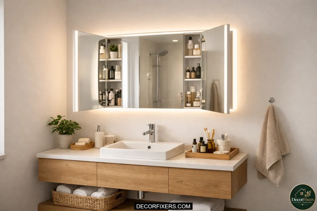 IKEA STORJORM LED mirror cabinet brightening a modern small bathroom