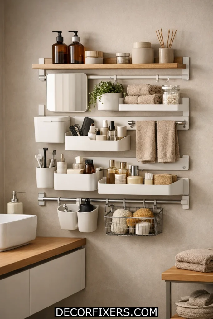 IKEA-inspired modular wall-mounted bathroom organizer system arranged vertically in modern compact bathroom