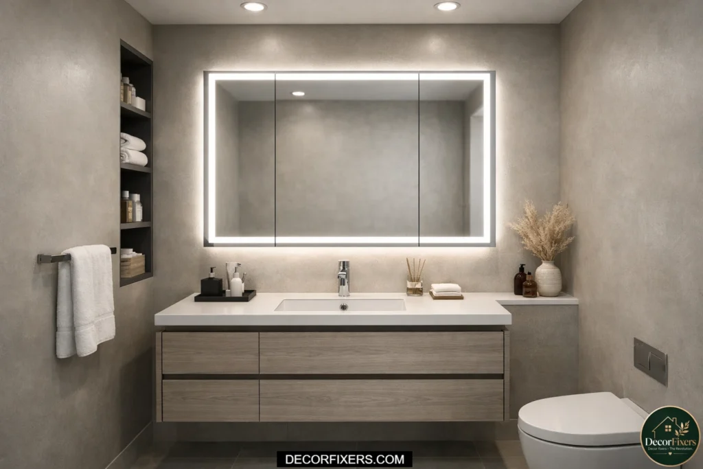 Modern medicine cabinet with integrated LED vanity lighting.