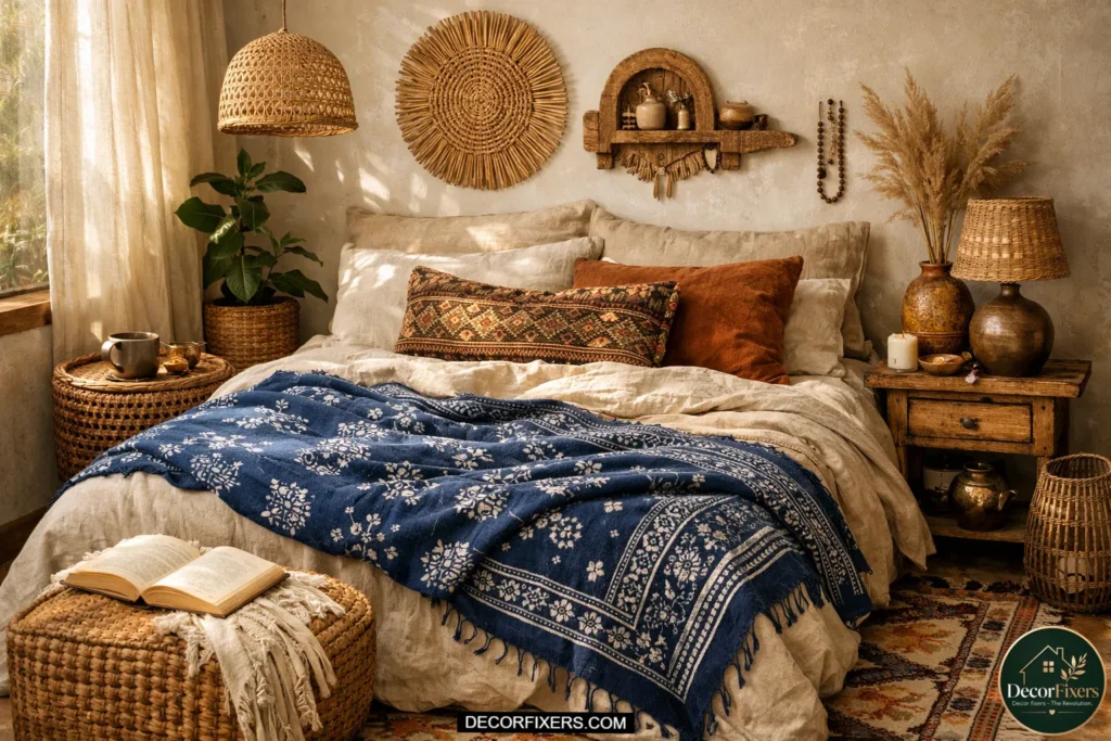 Boho bedroom styled with indigo block-print throw blanket layered over neutral linen bedding with artisanal earthy textures and warm natural lighting.