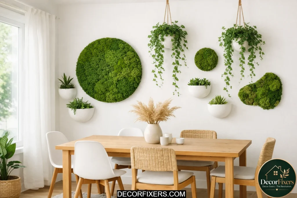 Wall-mounted planters with trailing green plants creating a vertical garden dining room wall