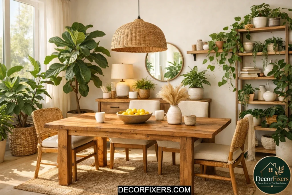 Modern dining room styled with large indoor plants and greenery