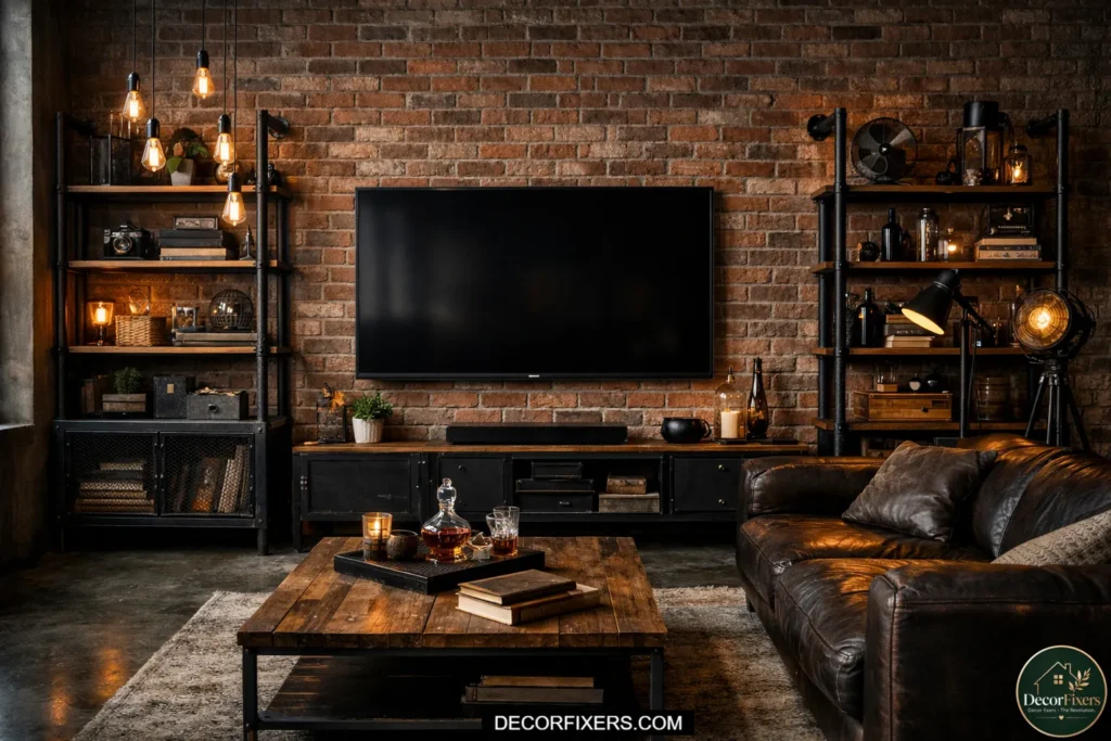 An industrial-style living room TV wall with faux exposed brick panels, matte black iron pipe floating shelves, and a dark-framed TV mount in an urban loft setting