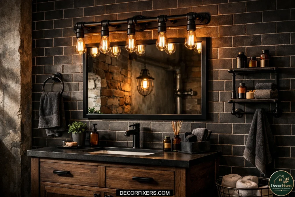 Industrial bathroom vanity lighting with exposed Edison bulbs and matte black hardware.