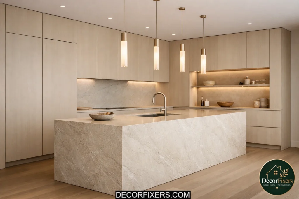 Minimalist kitchen with integrated refrigerator hidden behind cabinet panels