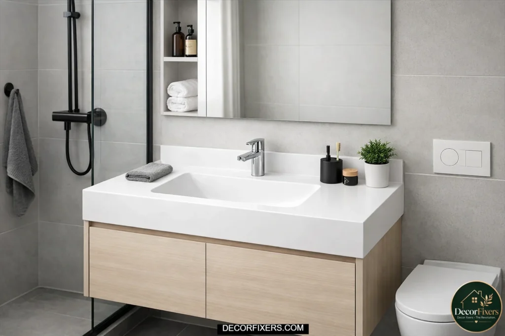 Seamless integrated sink and countertop vanity for small bathrooms