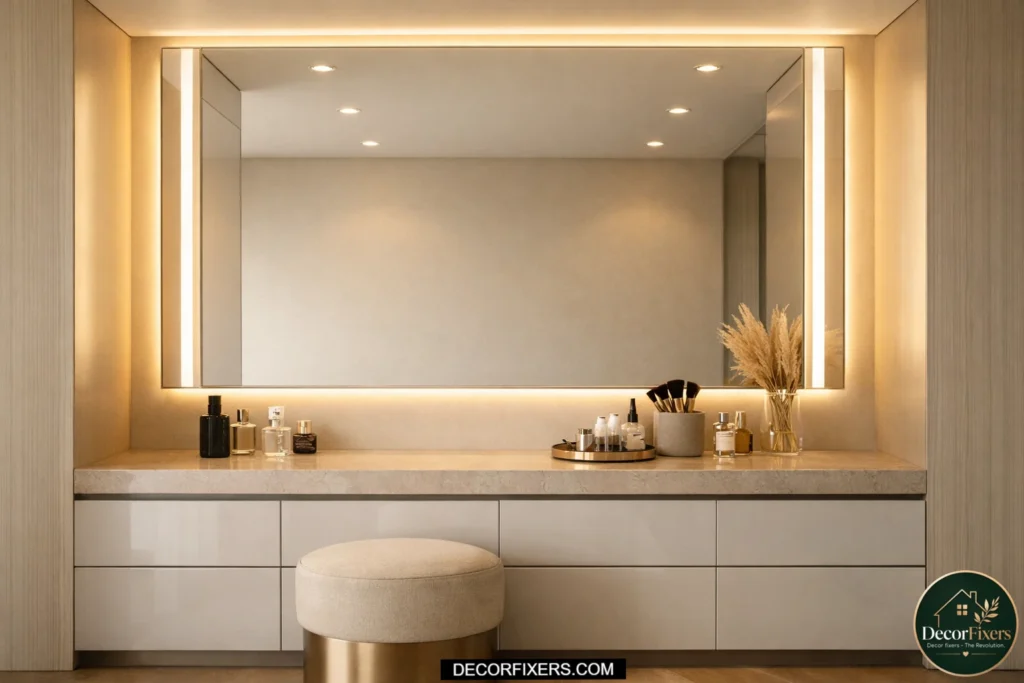 Bathroom vanity with integrated LED lighting and modern mirror frame