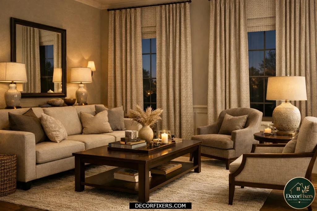 Textured jacquard curtains adding depth to a stylish living room.